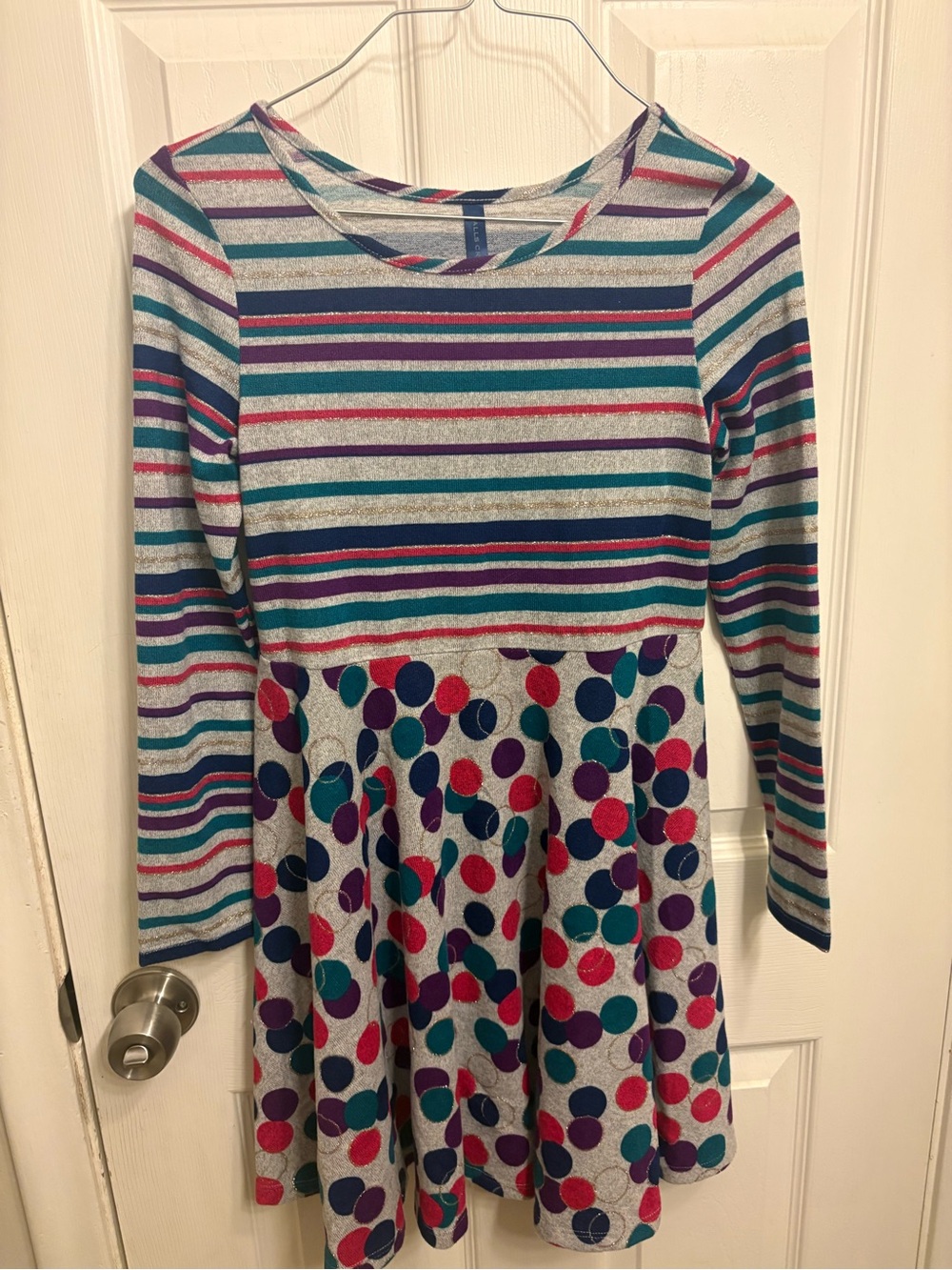 Falls Creek Multicolor Stripe & Dot Long-Sleeve Dress - Teal, Purple, Pink